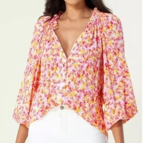 Hale Bob Clover Pink Yellow Floral Viscose Smocked Cuffs Button Up Top M - Picture 1 of 11